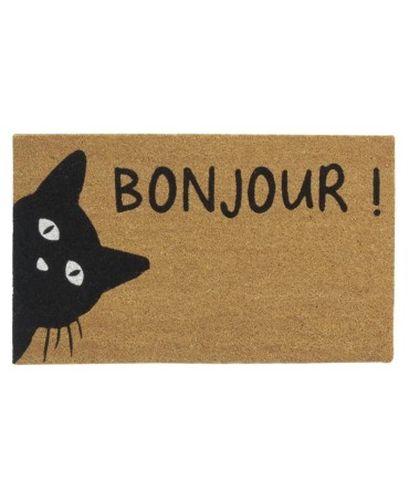 Paillasson ou tapis d'entrée en fibre de coco, envers en latex, bonjour chat