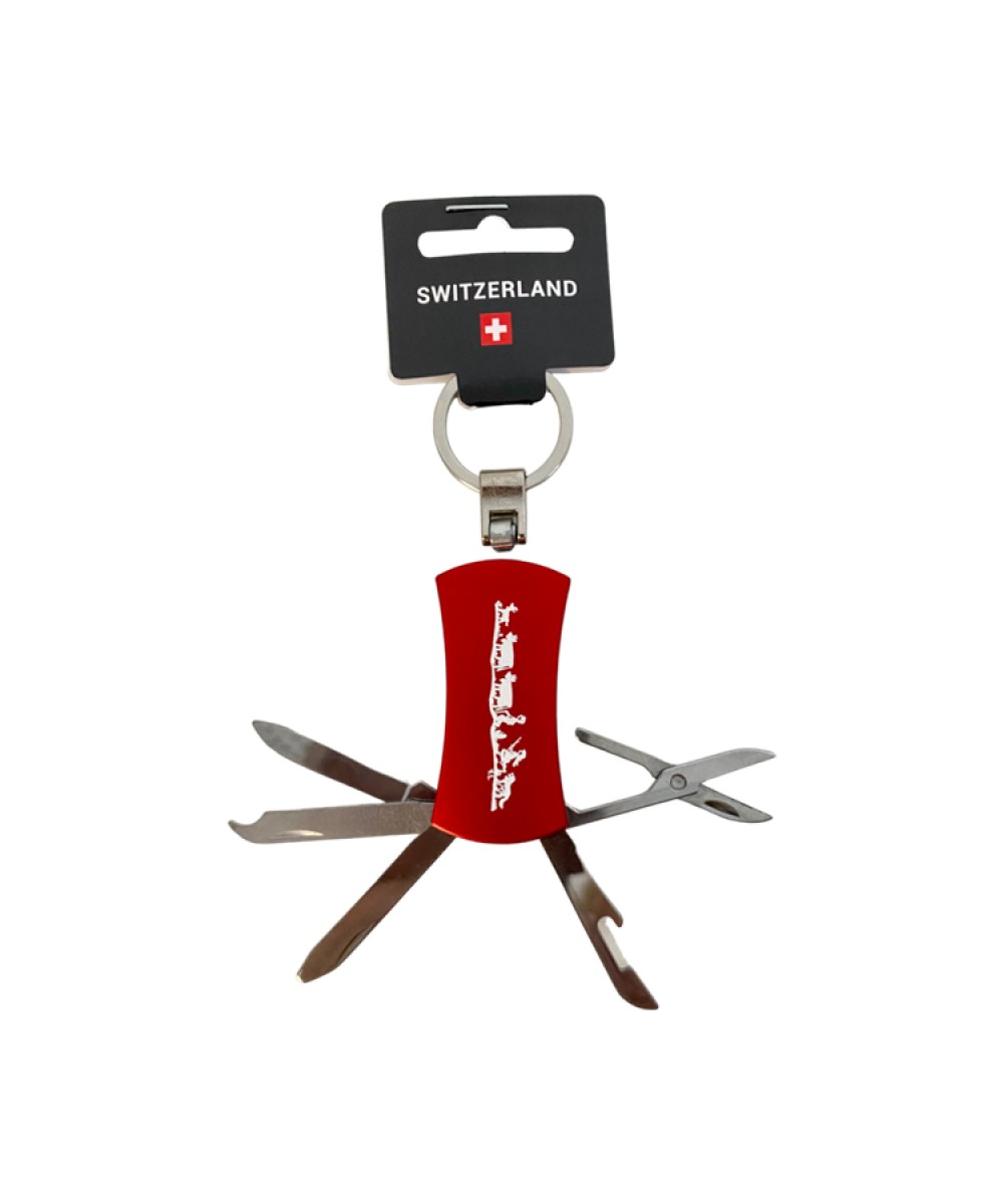 Porte clé en métal rouge avec motif découpage et 5 outils