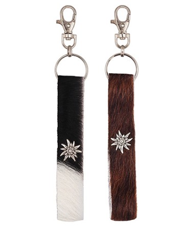 Porte clé en peau de vache avec edelweiss en métal