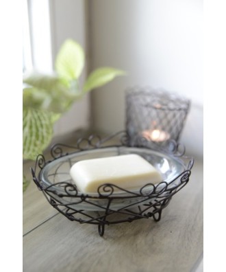 Porte savon en métal avec soucoupe en verre