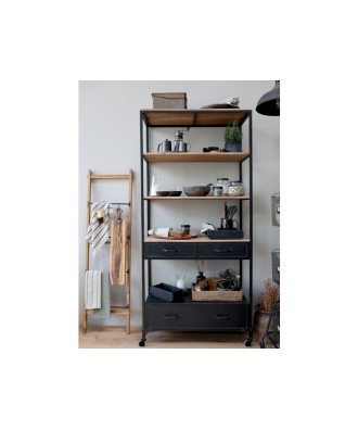 Meuble - Etagère - Bibliothèque en métal sur roues avec quatre niveaux et trois tiroirs