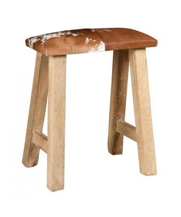 Meuble - Tabouret en bois recyclé, peau de vache