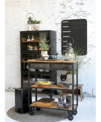 Meuble - Trolley ou servir boy sur roues avec 2 niveaux et 2 tiroirs, style industriel en métal et bois