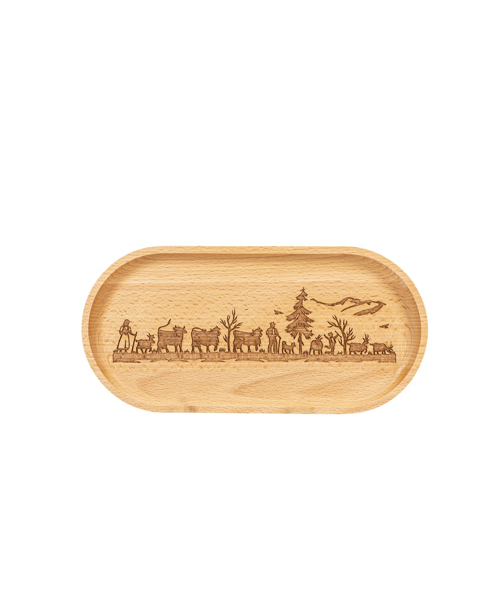 Assiette de présentation en bois, motif vaches et poya incrusté