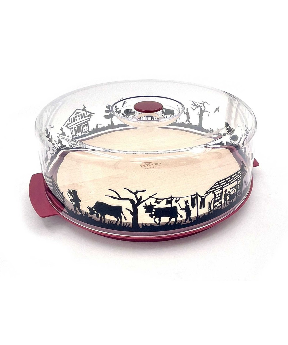 Cloche à fromage en bois et plexi, motif alpage rouge