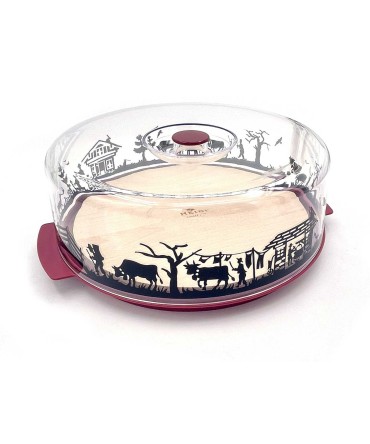 Cloche à fromage en bois et plexi, motif alpage rouge