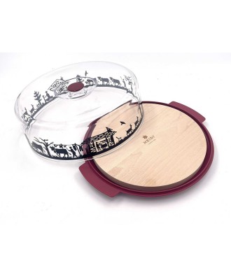 Cloche à fromage en bois et plexi, motif alpage rouge