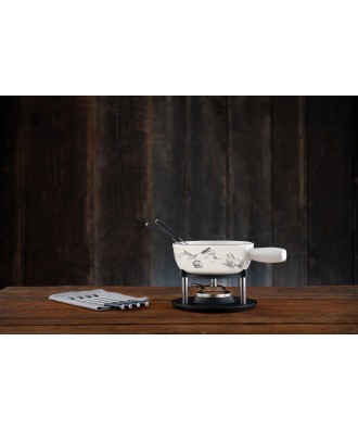 Caquelon à fondue, réchaud, 6 fourchettes motif Alpes-Télécabine