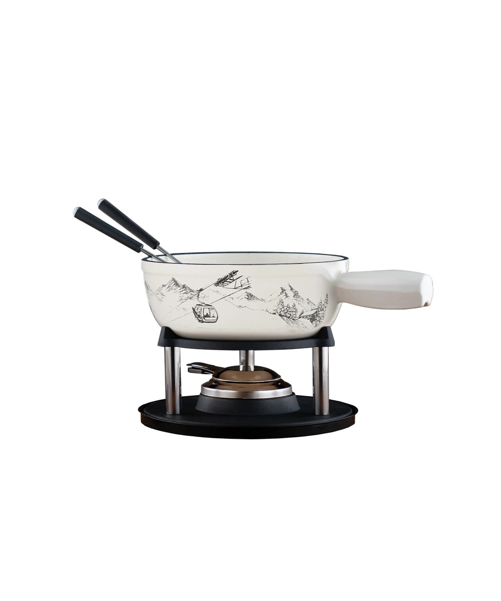 Caquelon à fondue, réchaud, 6 fourchettes motif Alpes-Télécabine