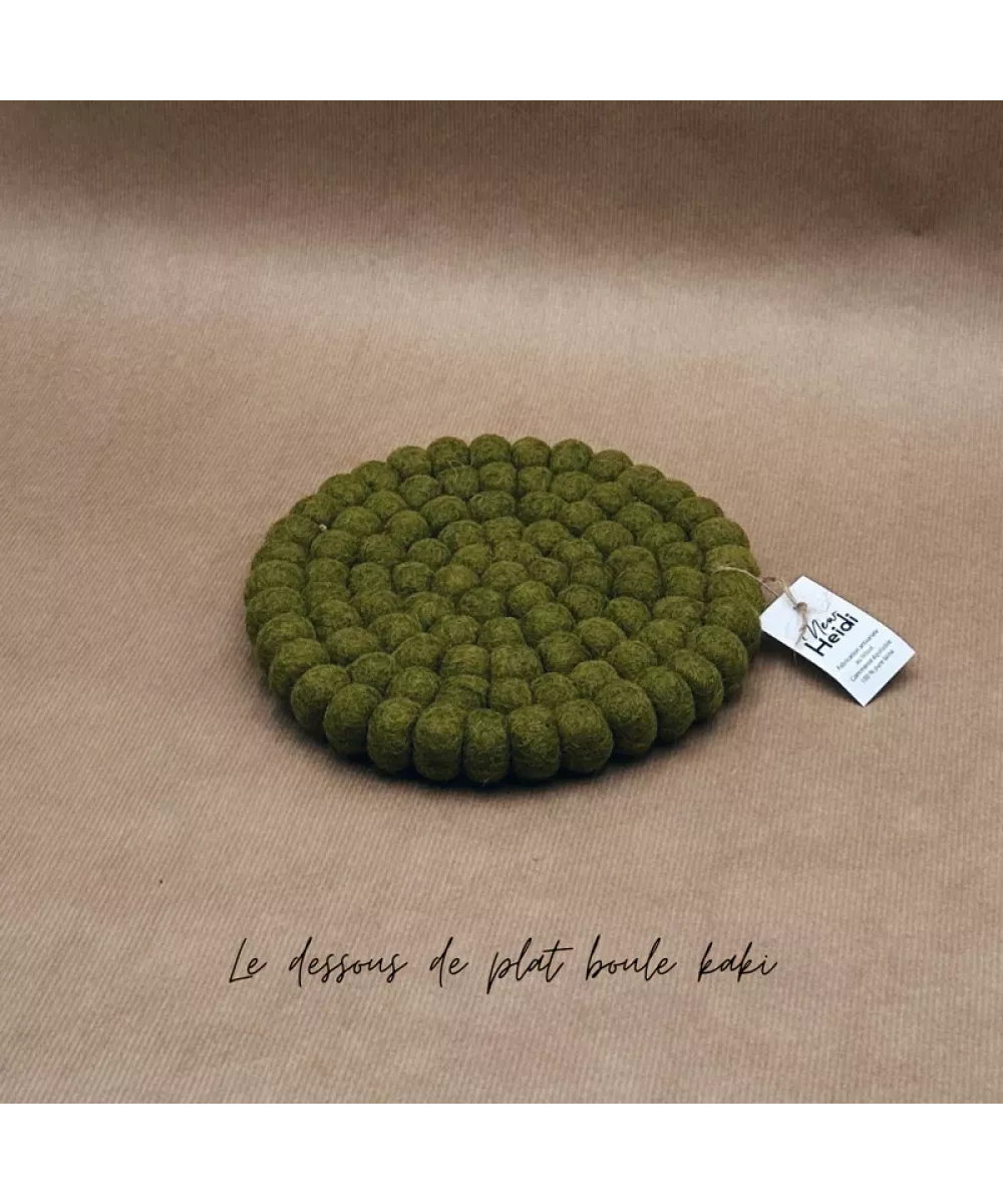 Dessous de plat rond en feutrine, boules vert kaki