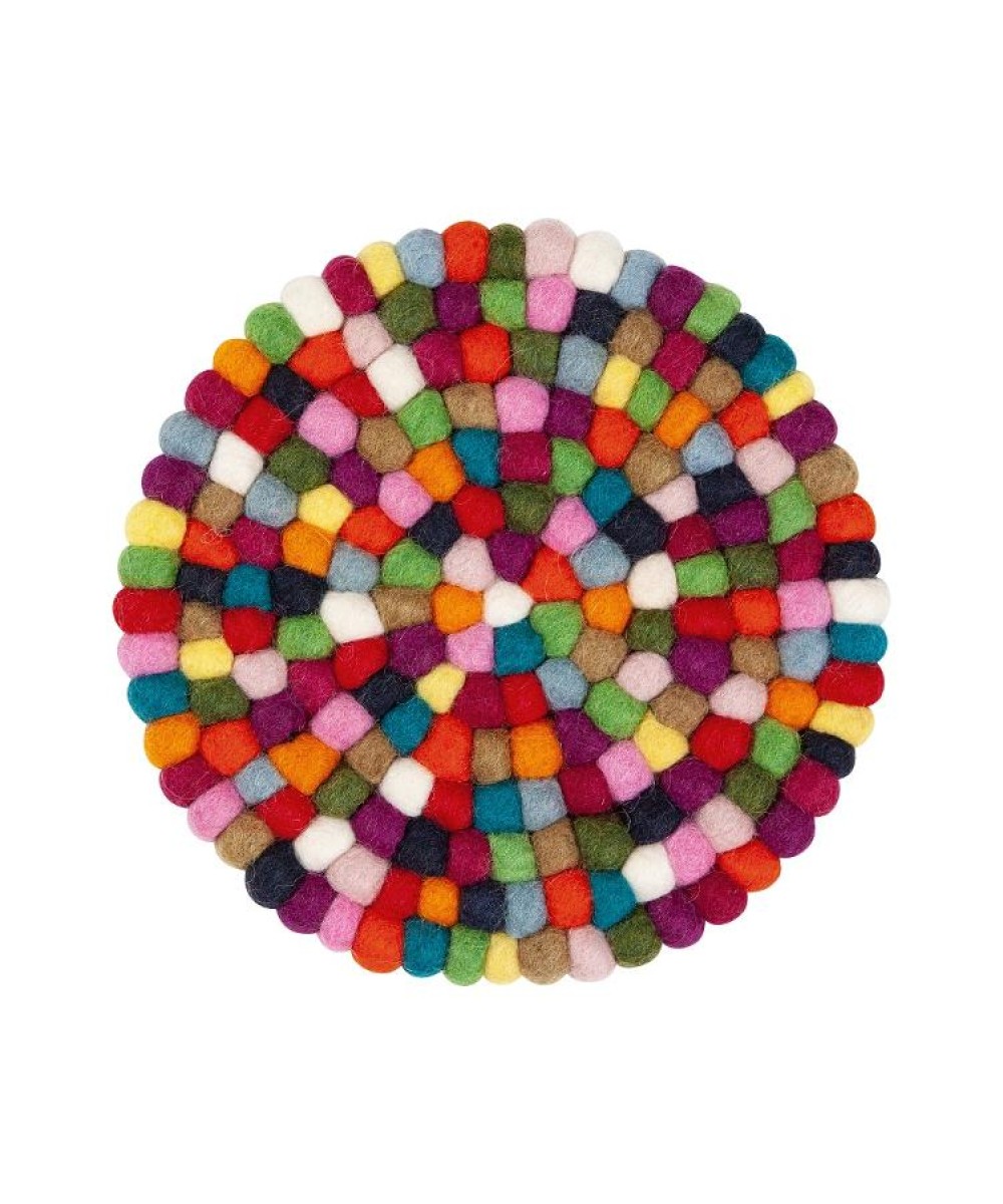 Dessous de plat rond, mini boules en feutre, jaune, turquoise, rose, vert, bleu