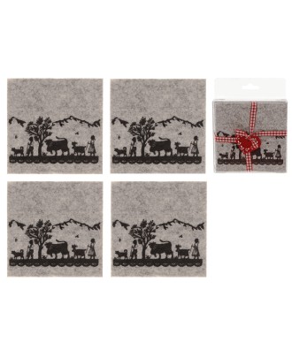 Dessous de verre 6  pièces gris en faux feutre motif découpage alpage poya 10x10cm