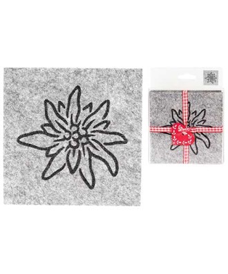 Dessous de verre 6  pièces gris en faux feutre motif edelweiss 10x10cm