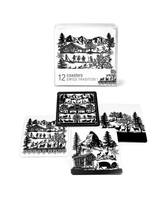 Dessous de verre carré 12  pièces plastifié motif chalet d'alpage tradition suisse 10x10cm