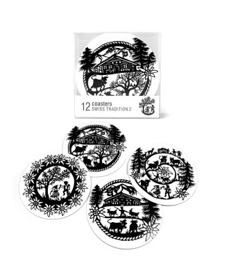 Dessous de verre rond 12  pièces plastifié motif chalet d'alpage tradition suisse 10x10cm