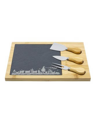 Planche à fromage en bambou avec insert ardoise, trois couteaux intégrés, motif poya