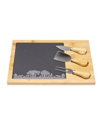 Planche à fromage en bambou avec insert ardoise, trois couteaux intégrés, motif alpage