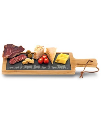 Planche ou plateau pour aliments en bambou avec insert ardoise, motif découpage alpage