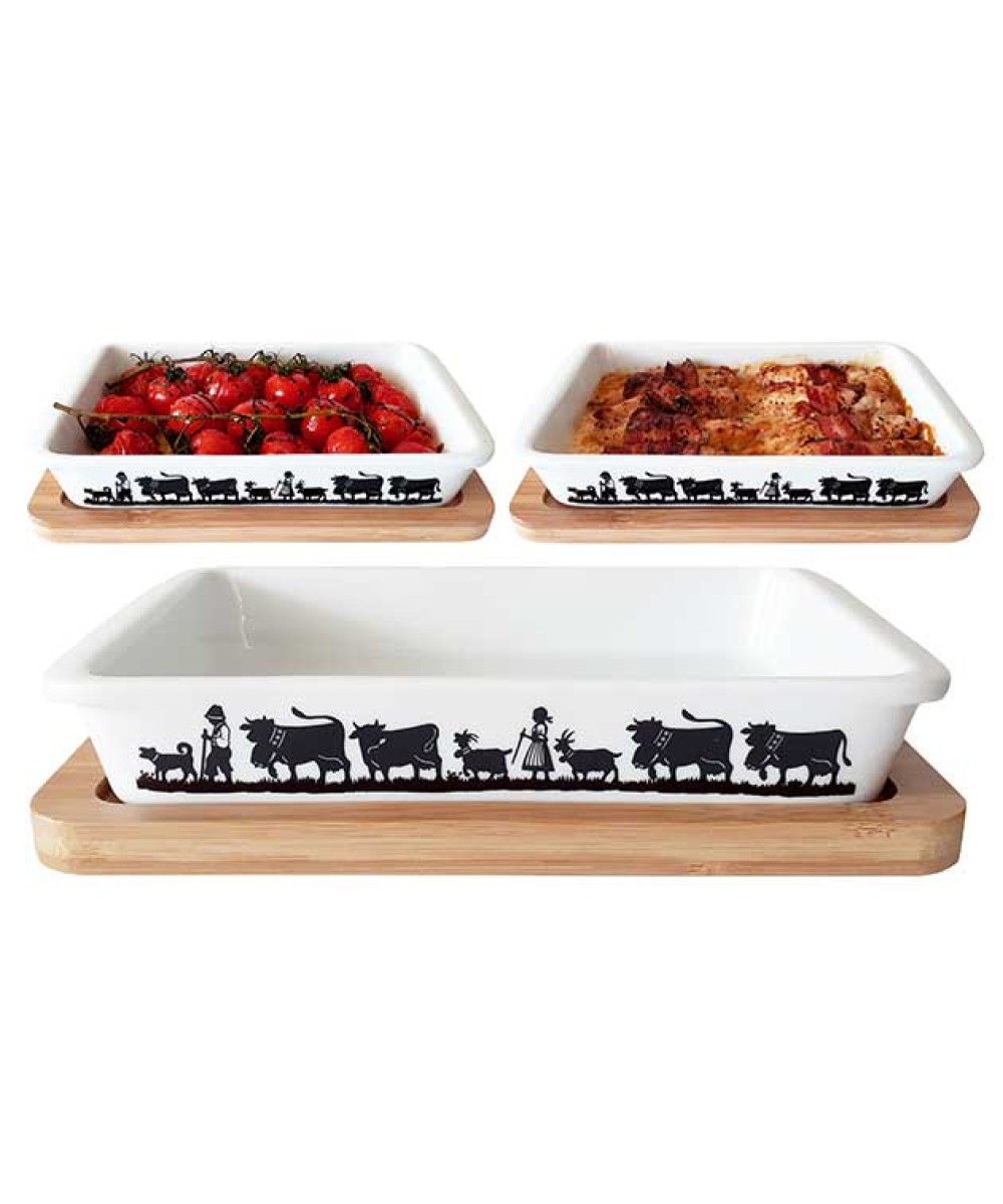 Plat à gratin motif découpage alpage noir blanc