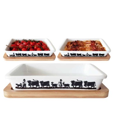 Plat à gratin motif découpage alpage noir blanc