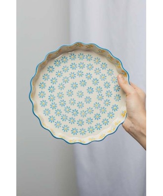 Plat à quiche, tarte, gâteau motif floral bleu jaune 22cm