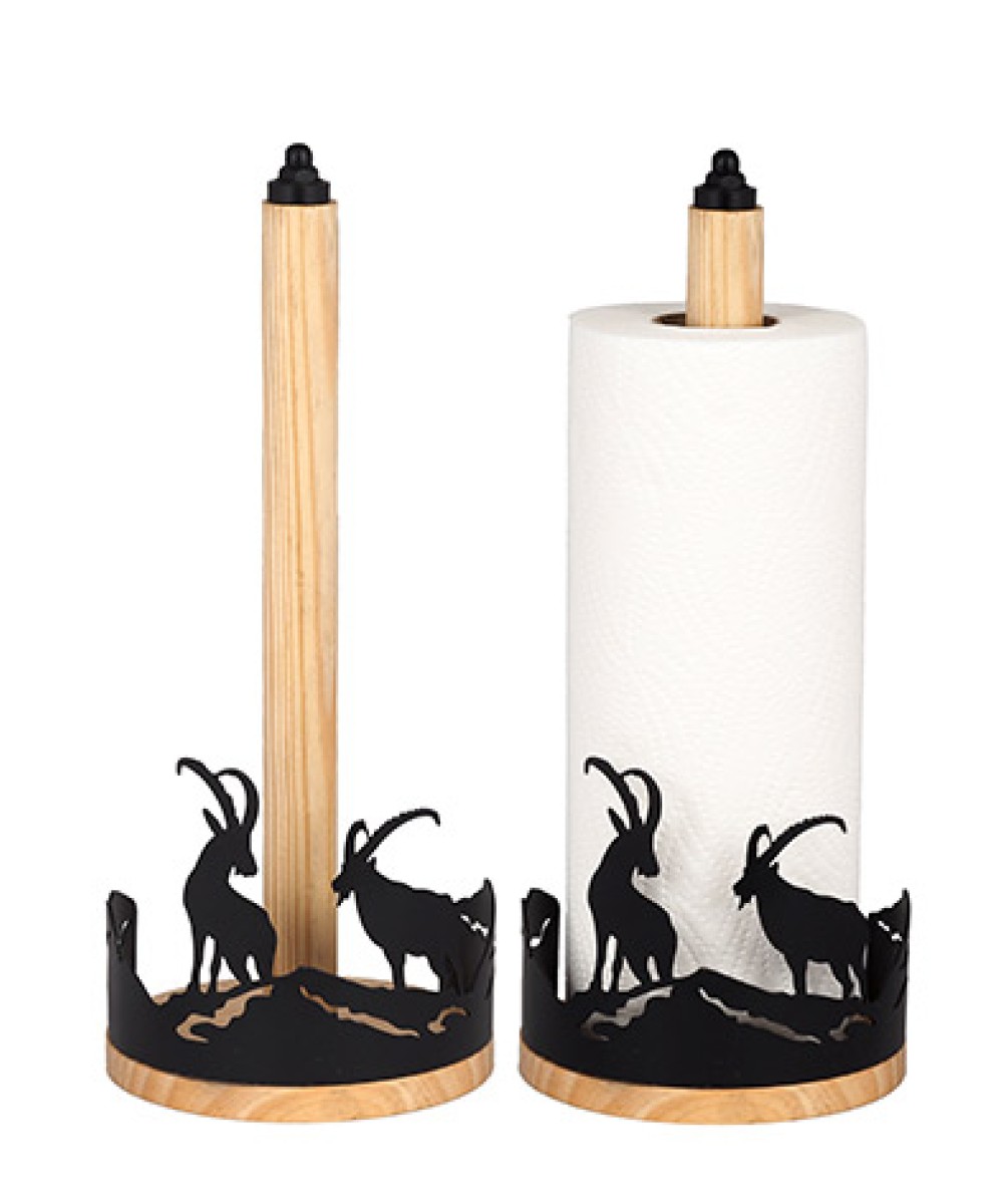 Porte rouleau papier ménage vertical avec socle en bois et découpe bouquetins en métal noir 