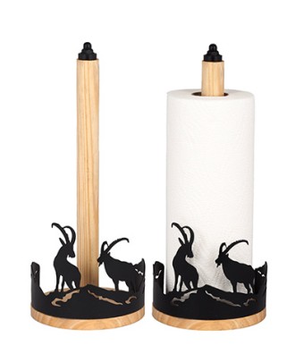 Porte rouleau papier ménage vertical avec socle en bois et découpe bouquetins en métal noir