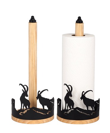 Porte rouleau papier ménage vertical avec socle en bois et découpe bouquetins en métal noir 