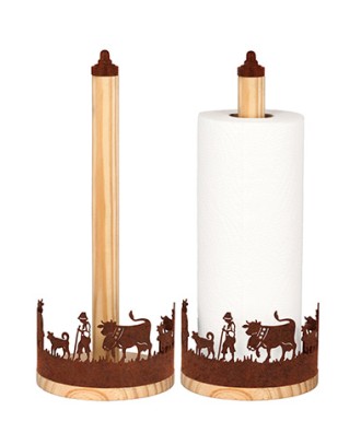 Porte rouleau papier ménage vertical avec socle en bois, découpe vache alpage en métal, aspect rouille