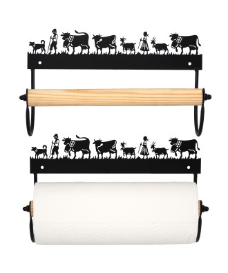 Porte rouleau papier ménage mural avec découpe vache alpage en métal noir