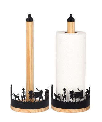 Porte rouleau papier ménage vertical avec socle en bois et découpe vache alpage en métal noir