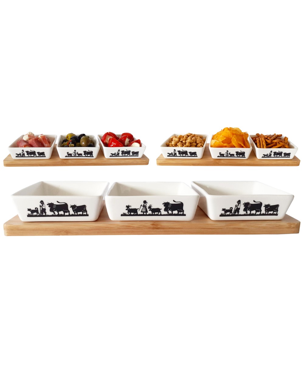 Bols 3 pièces pour apéritif, sauce, snack, divers aliments, motif typique suisse vache et poya