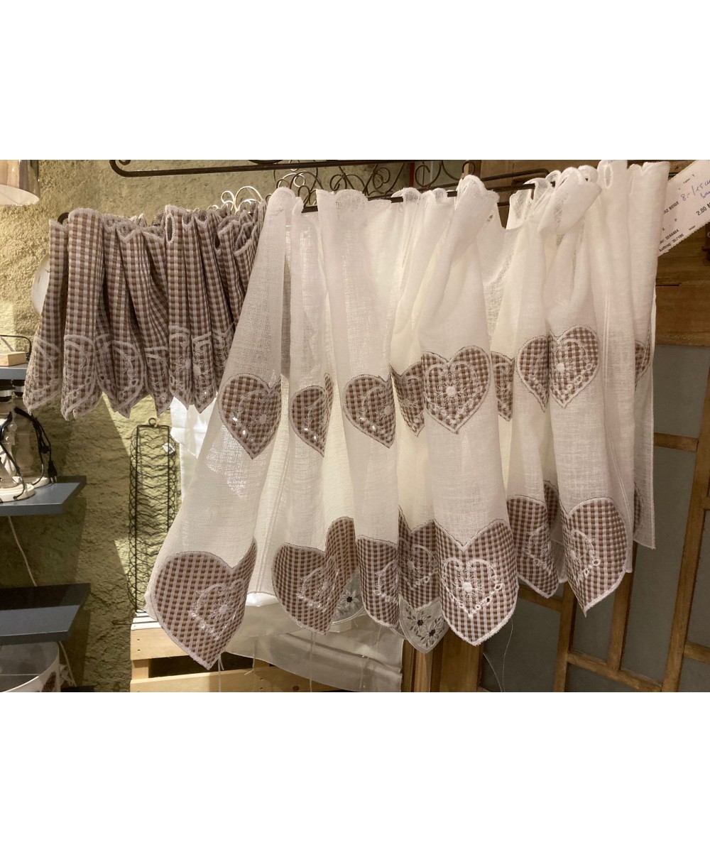 Rideaux coeur vichy beige, coupe au mètre selon largeur de bande