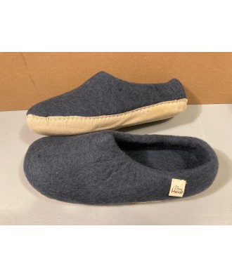 Chausson - Pantoufle d'intérieur en feutrine 100% laine naturelle, semelle en cuir antiglisse, bleu marine