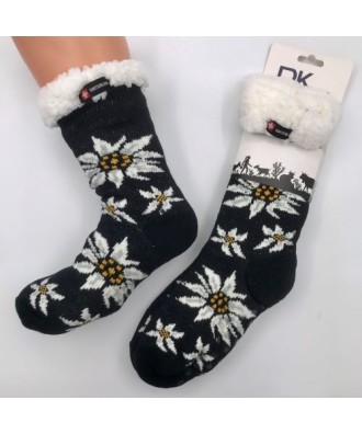 Chausson d'intérieur motif edelweiss, doublé de faux mouton, semelle antidérapante