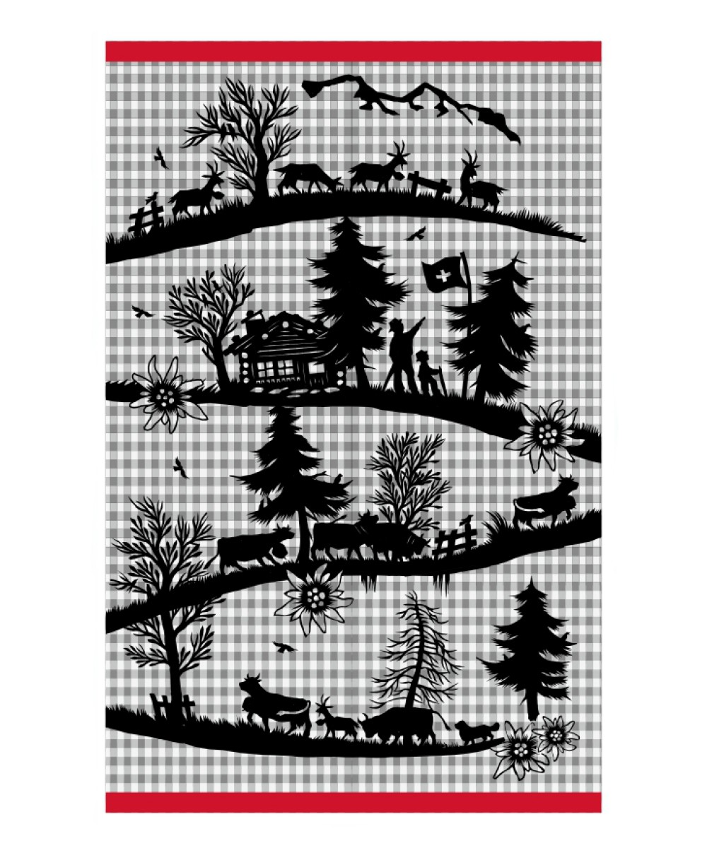 Linge de cuisine gris noir rouge design découpage alpage 45x70cm