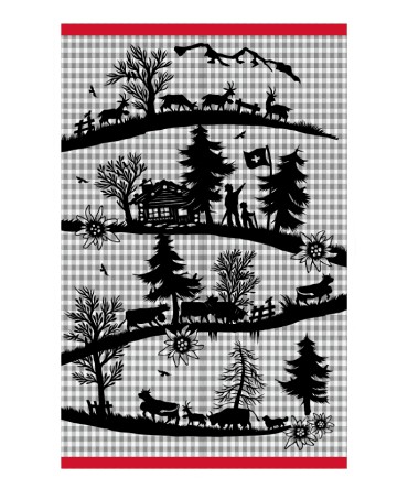 Linge de cuisine gris noir rouge design découpage alpage 45x70cm