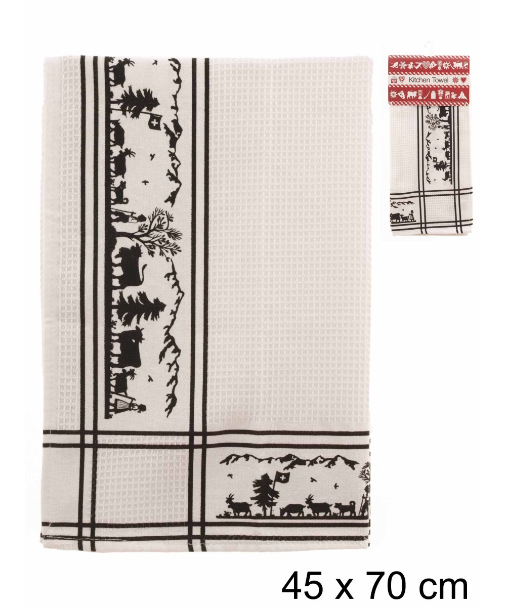 Linge de cuisine blanc noir design découpage alpage 45x70cm