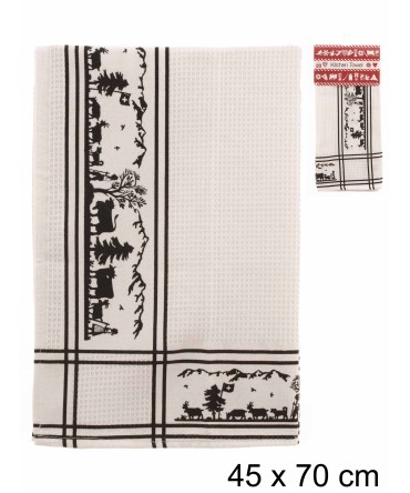 Linge de cuisine blanc noir design découpage alpage 45x70cm