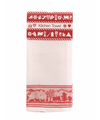Linge de cuisine blanc rouge design découpage alpage 45x70cm