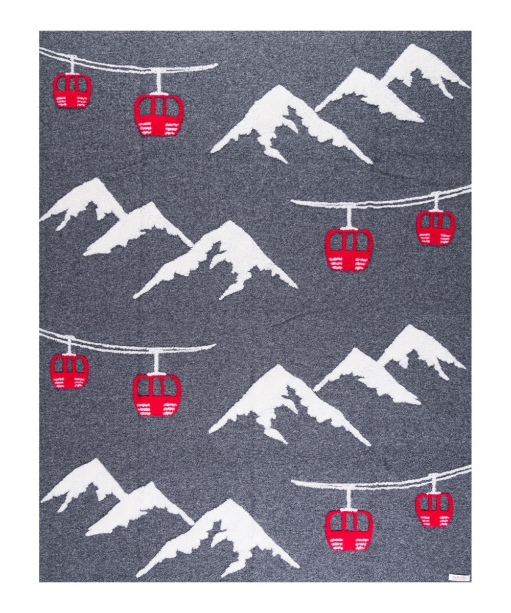 Plaid - Couverture en laine anthracite, motif Alpes et télécabines