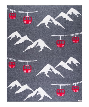 Plaid - Couverture en laine anthracite, motif Alpes et télécabines