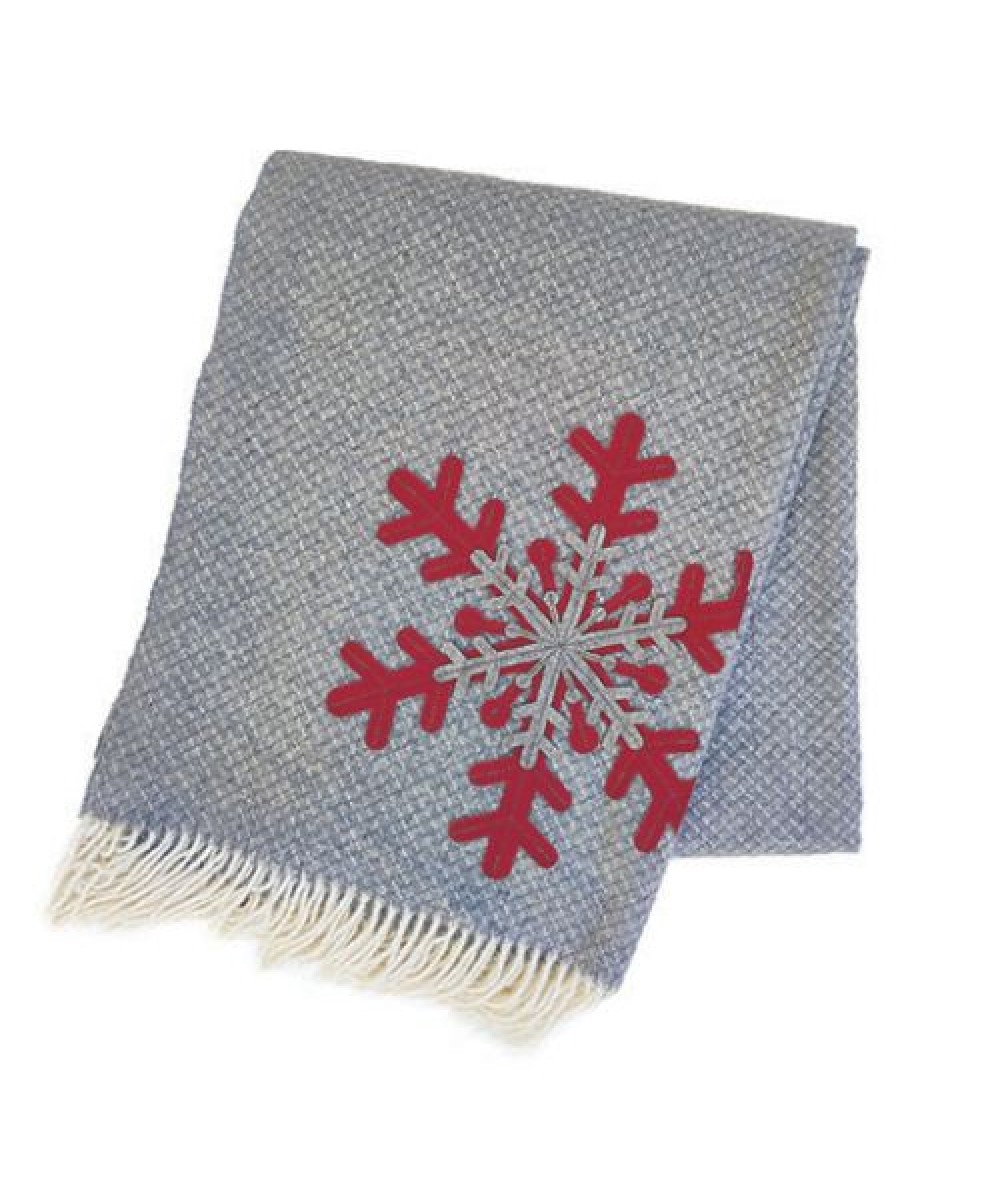 Plaid - Couverture gris orné de franges avec motif flocon rouge