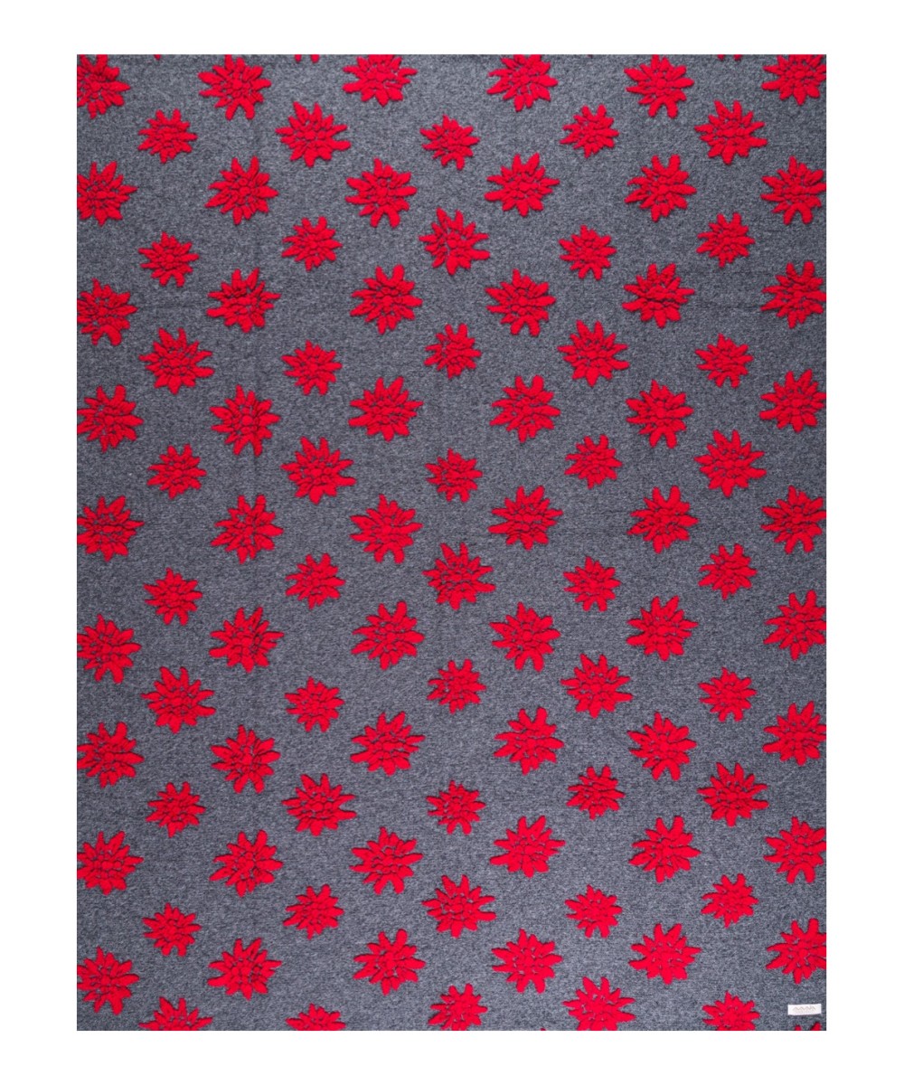 Plaid - Couverture en laine anthracite, motif edelweiss rouges
