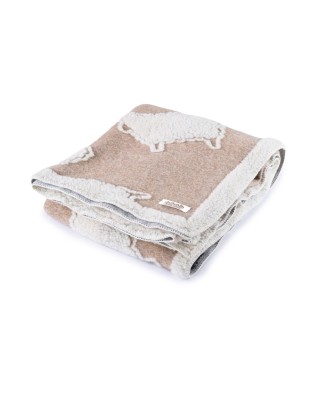 Plaid - Couverture en laine brun, motif moutons