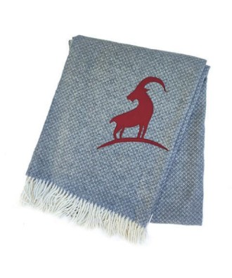 Plaid - Couverture gris orné de franges avec motif bouquetin rouge