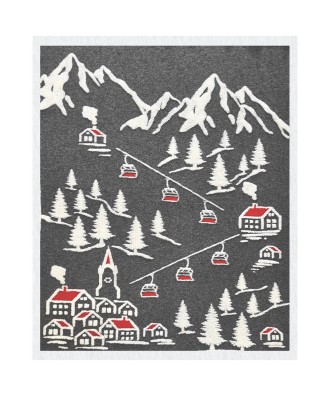 Plaid - Couverture en laine anthracite, motif village de montagne