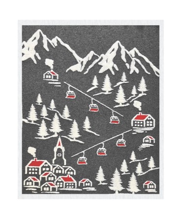 Plaid - Couverture en laine anthracite, motif village de montagne