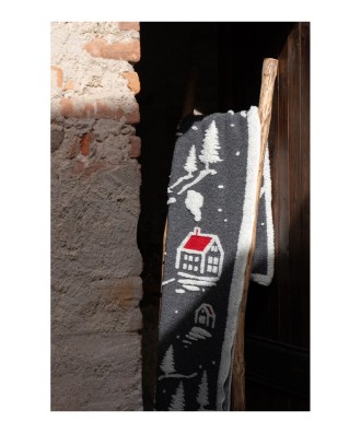 Plaid - Couverture en laine anthracite, motif village de montagne