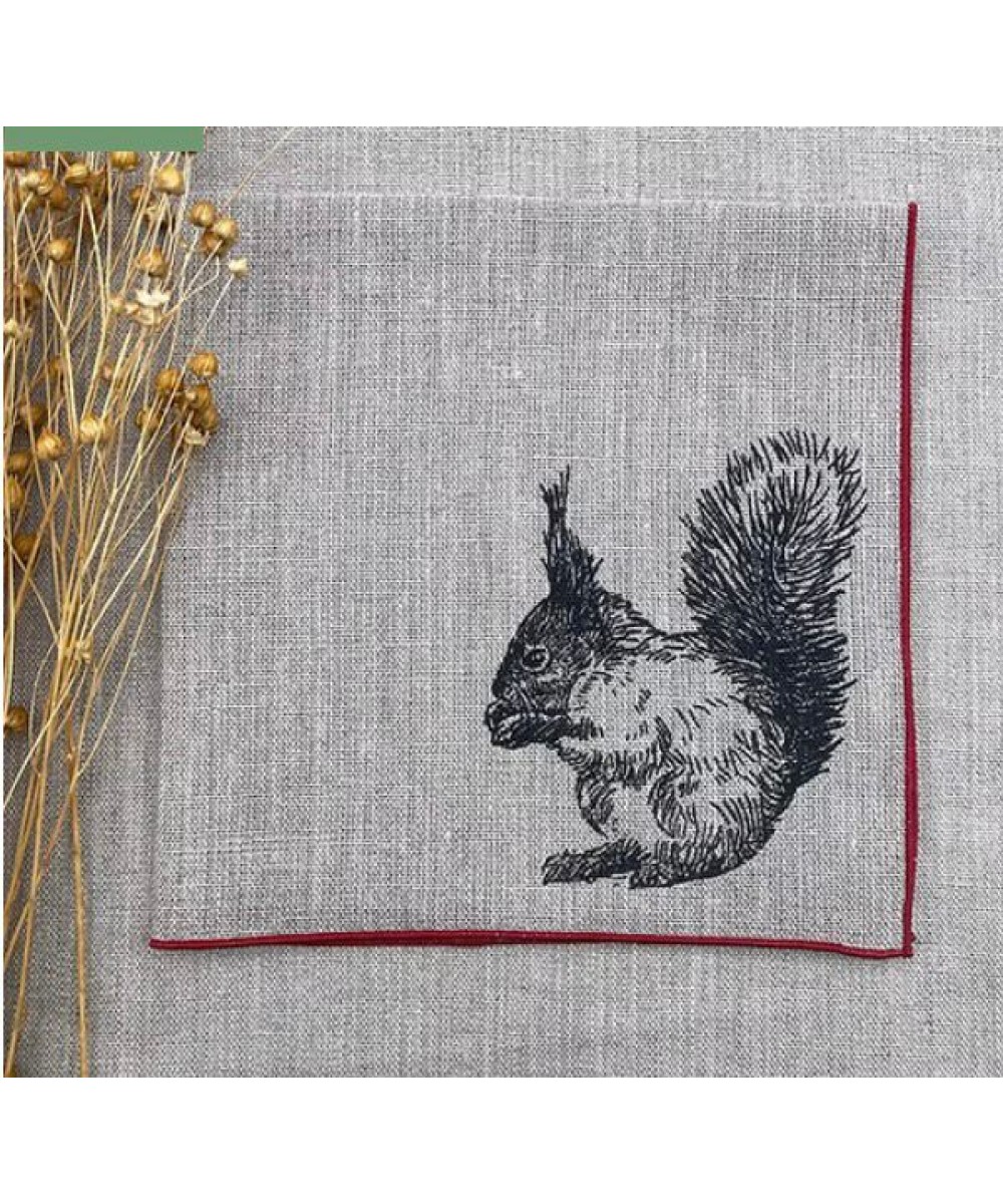 Serviette - Petit linge en lin motif écureuil swiss made